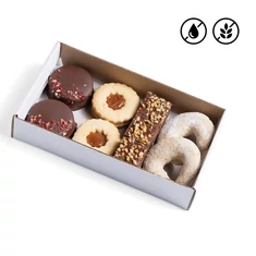 Gluténmentes sütibox (linzer, isler, vaníliás hókifli, mogyorós csokoládé kocka)