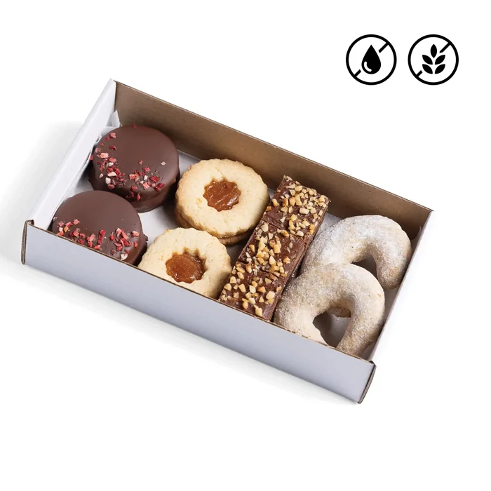 Gluténmentes sütibox (linzer, isler, vaníliás hókifli, mogyorós csokoládé kocka)